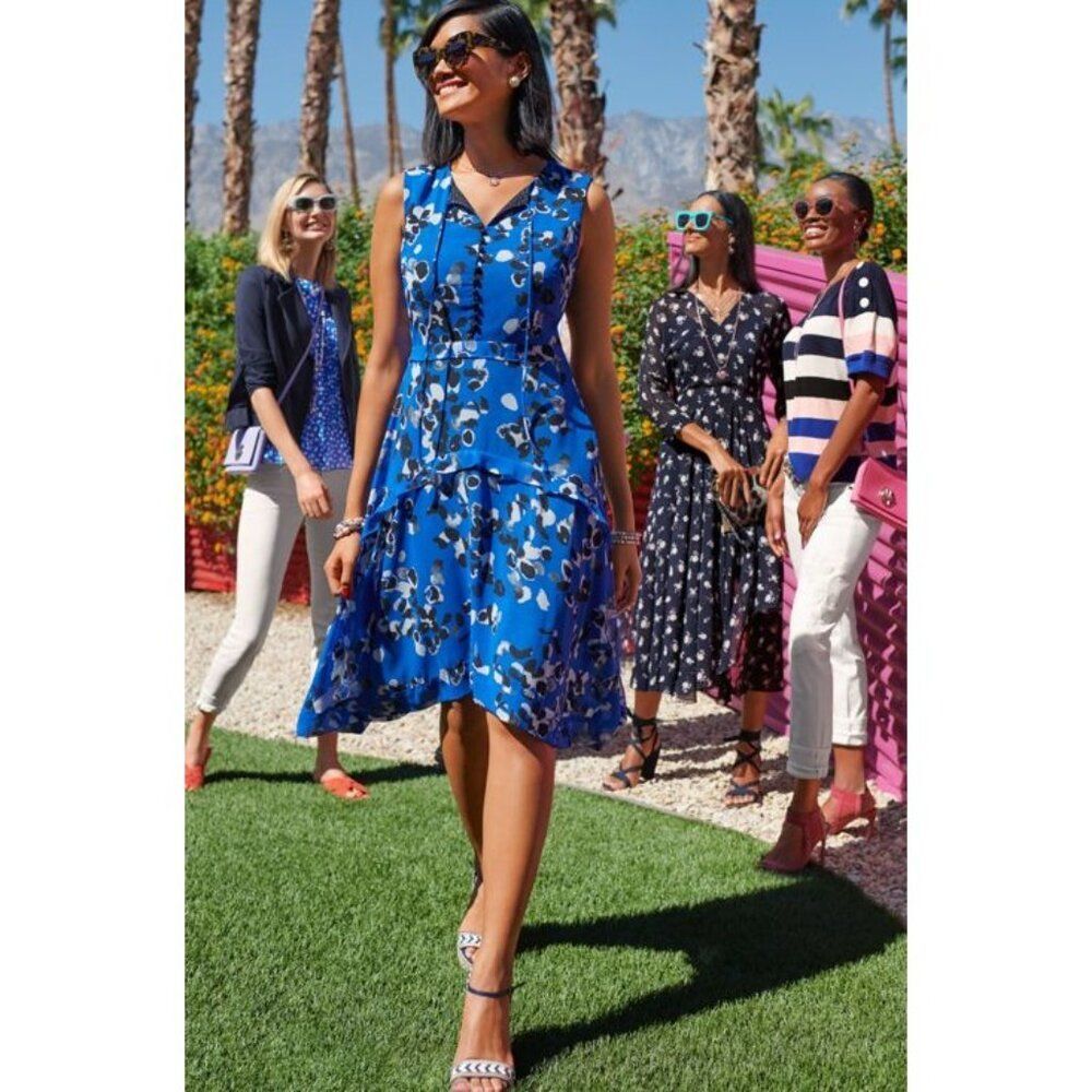 Cabi Cobalt Jungle A-Line Asymetrical Hem Midi Dress in Blue Size M